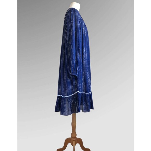 Vintage 70s 80s Silver Metal Lurex & Blue Cotton Gauze Indian Quilted Bib Dress - Picture 9 of 11
